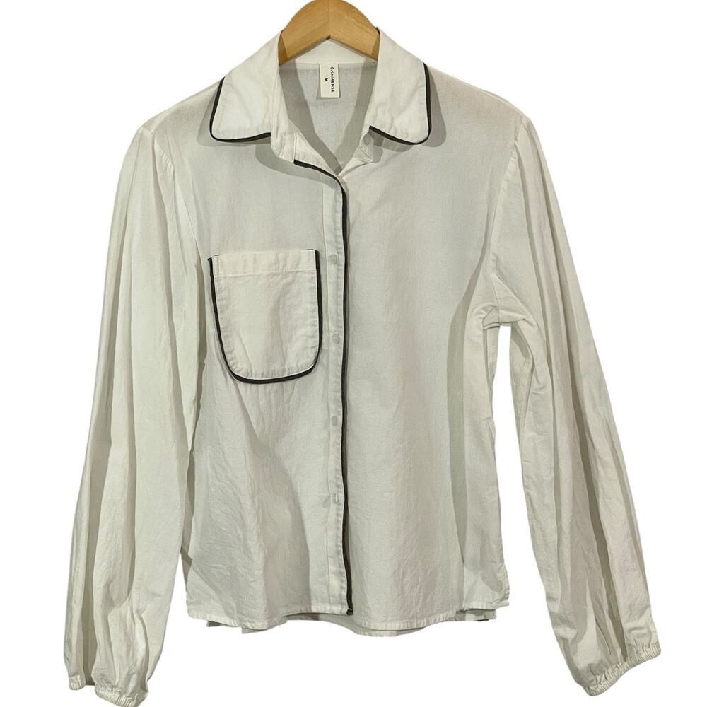 Commense Cotton & Linen contrast trim Button Front Top - White - Medium